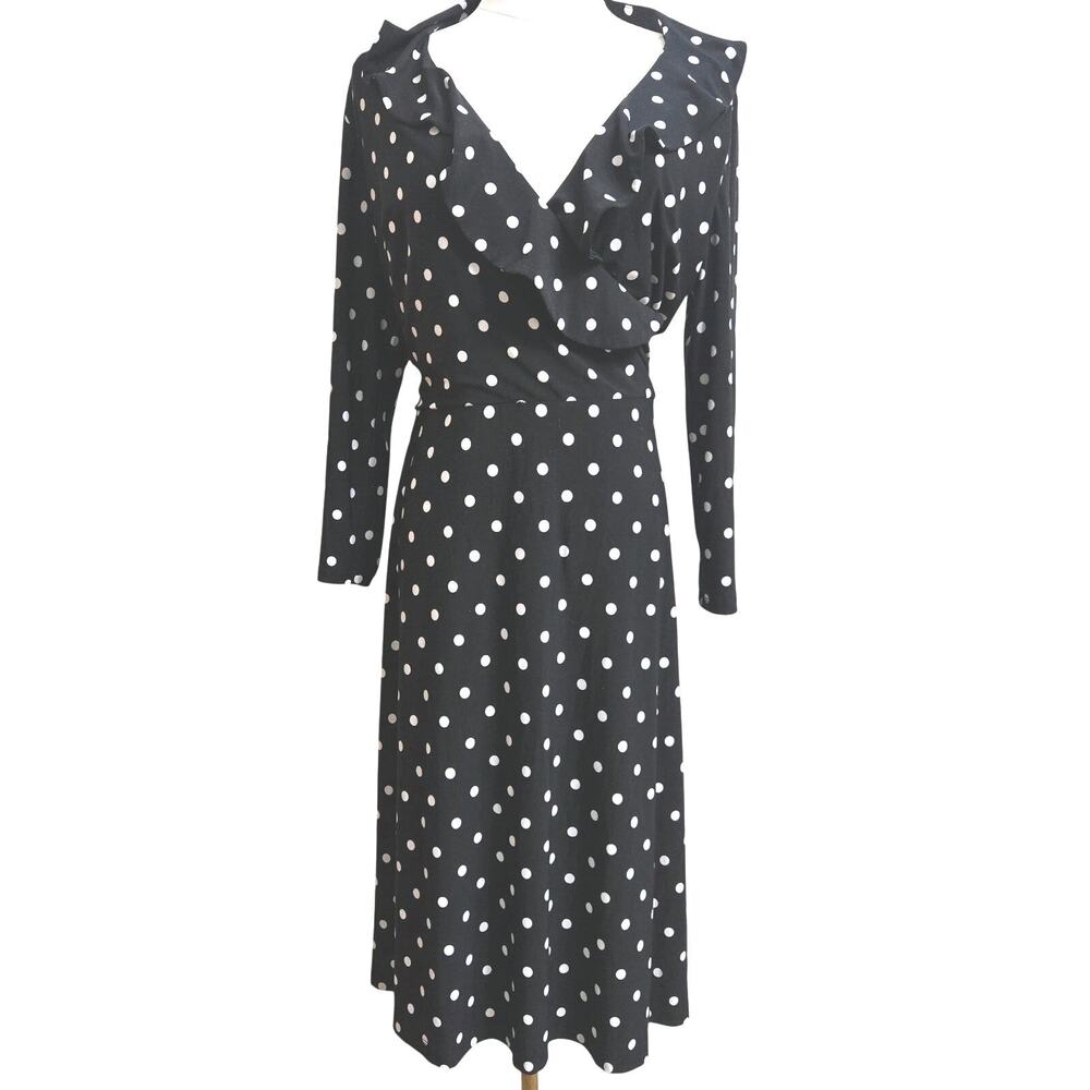 Tommy Hilfiger Vtg Y2K Preppy Old Money Classic Polka Dot Ruffle Midi Dress L